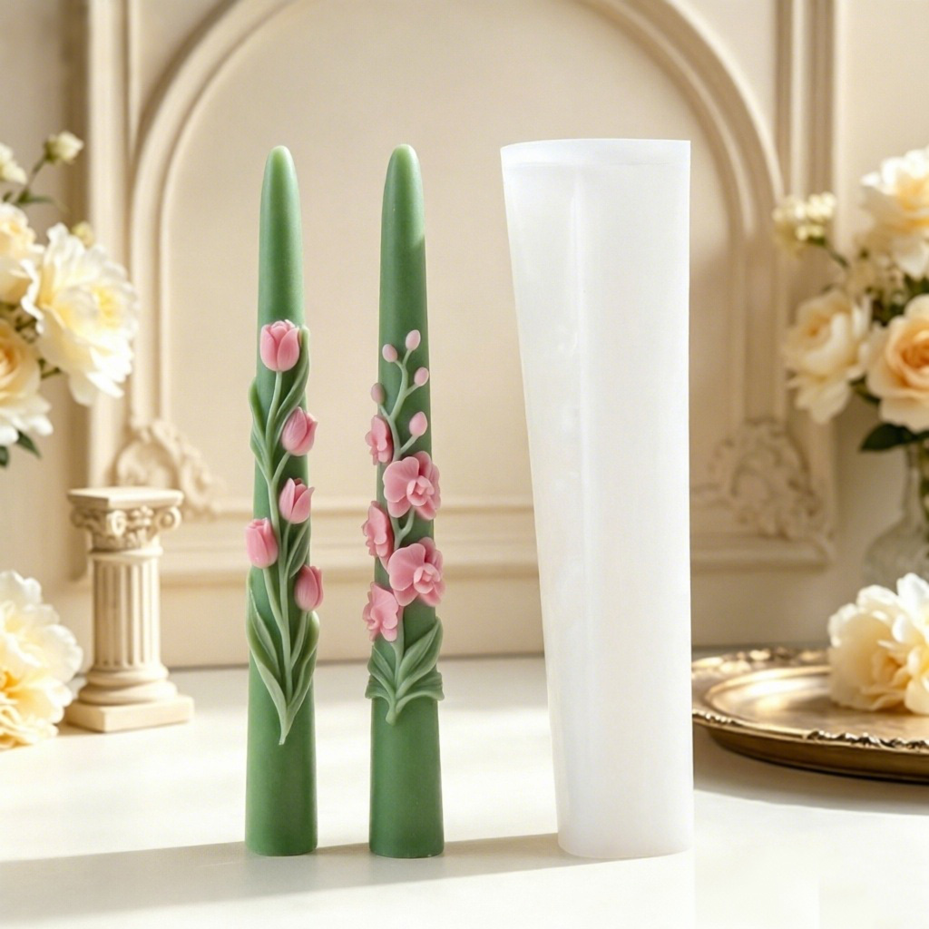 Candle Making Party - ロングポールフラワーテーパーキャンドルシリコンモールド3Dエンボス加工チューリップオーキッド型ソイワックスキャンドル作りホームデコレーションギフト用