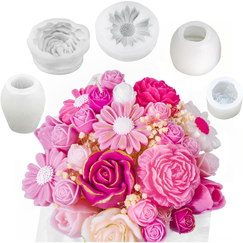 Candle Making Party - 5フラワーキャンドルモールドセット、3D花柄シリコンキャンドルモールド、キャンドル作りに使用、デイジー、ピオニー、ローズ、チューリップフラワーモールド